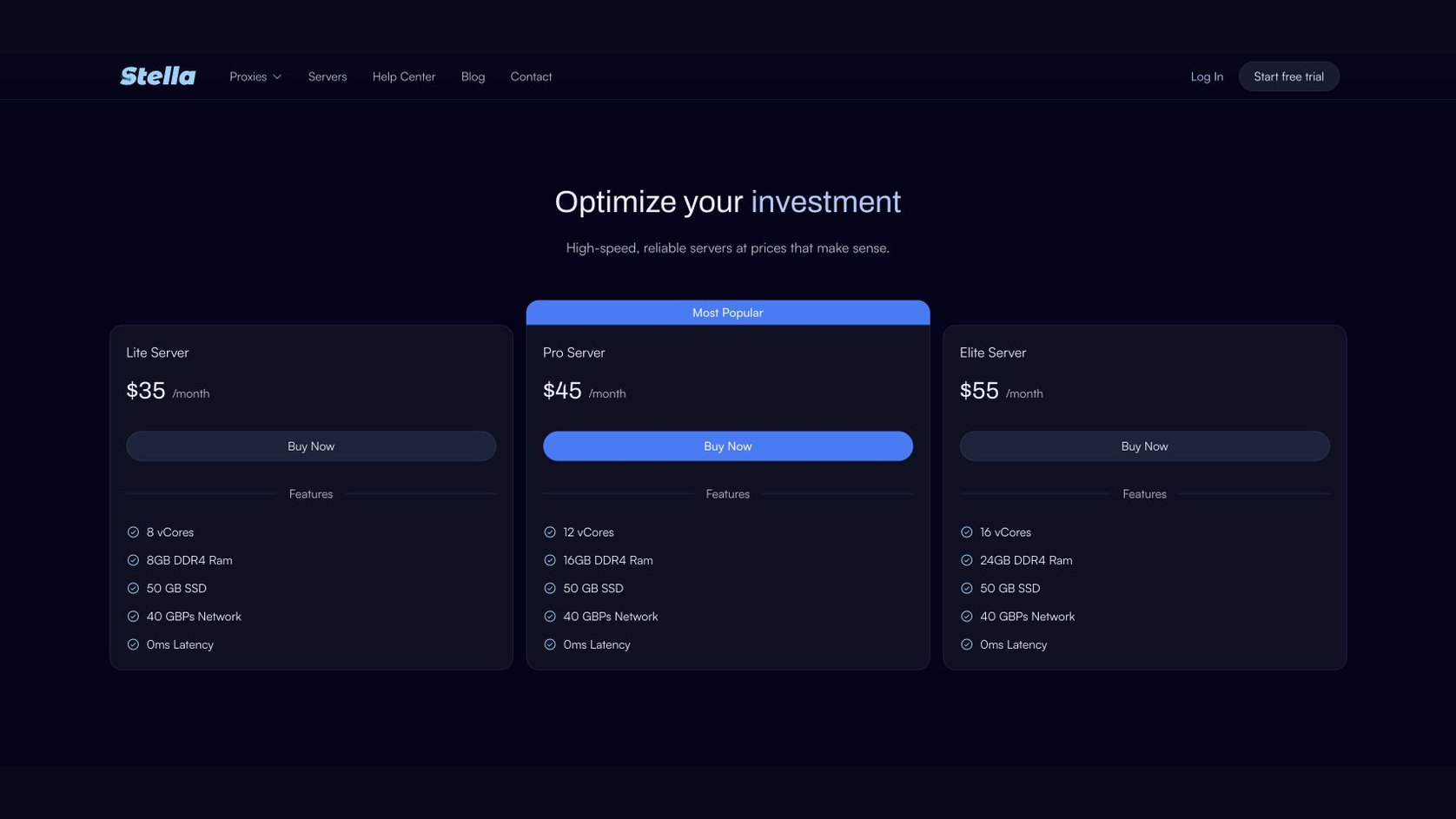 Example server plans shown on the provider’s website. Confirm current prices, specifications and availability before ordering.