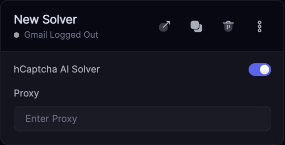 Captcha Harvester card with hCaptcha AI Solver enabled and the Proxy field