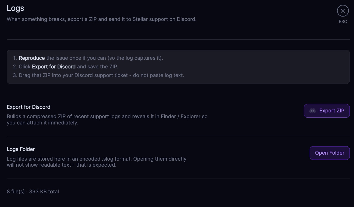 Stellar 4.0 logs settings