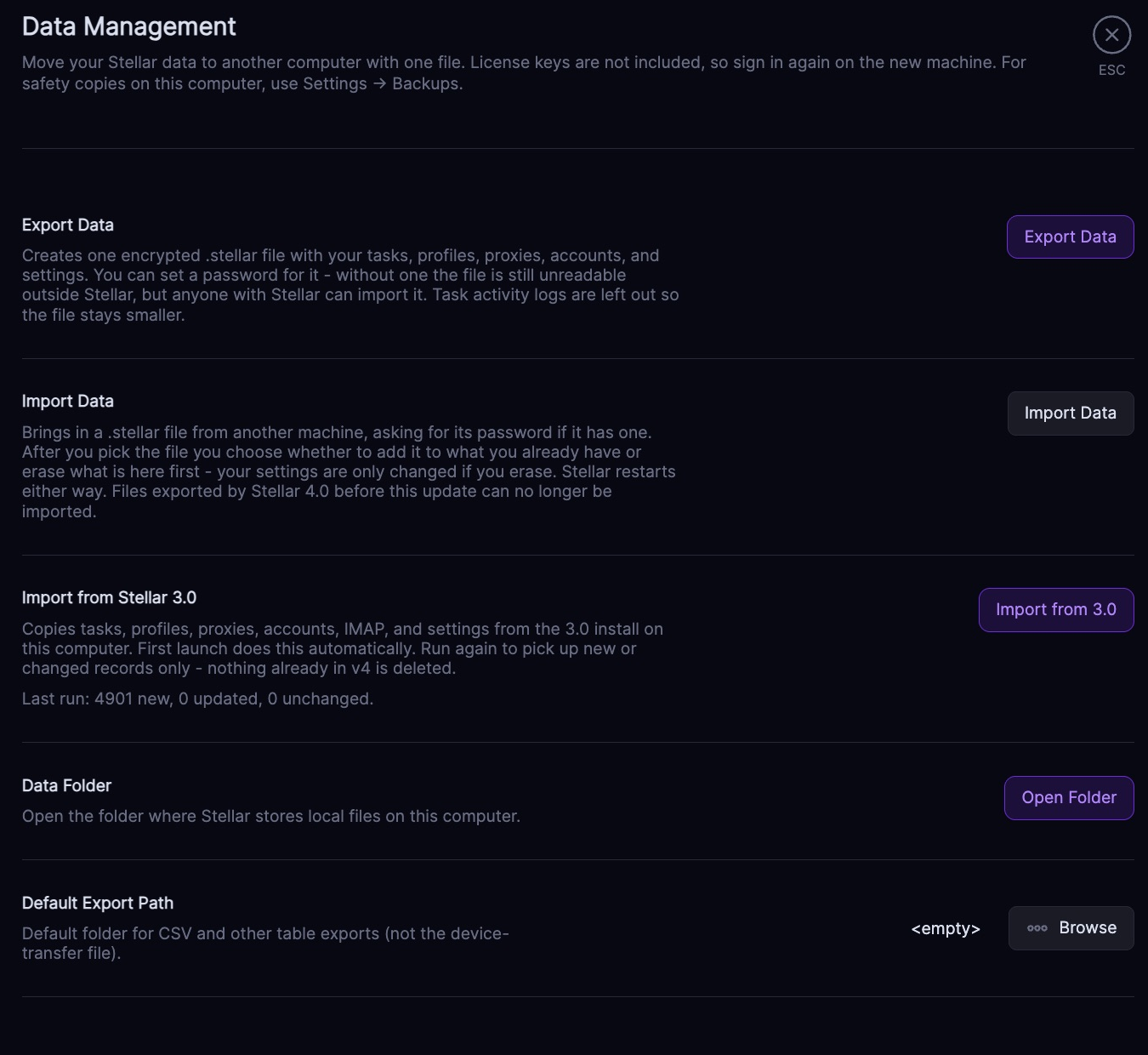 Stellar 4.0 data management settings