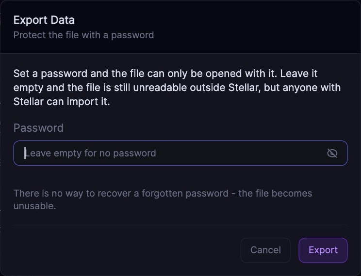 Stellar 4.0 Export Data dialog with optional password and Export button