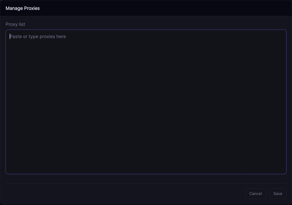 Manage Proxies in Stellar AIO 4.0. Paste one complete proxy entry per line.