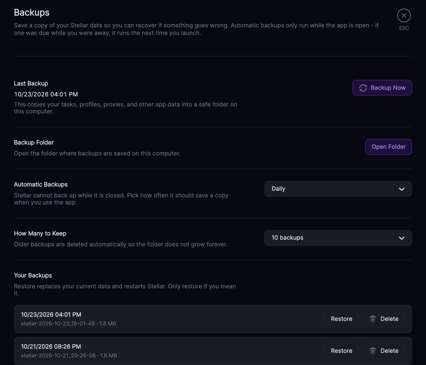 Stellar 4.0 Backups settings with Backup Now, automatic backups and saved copies