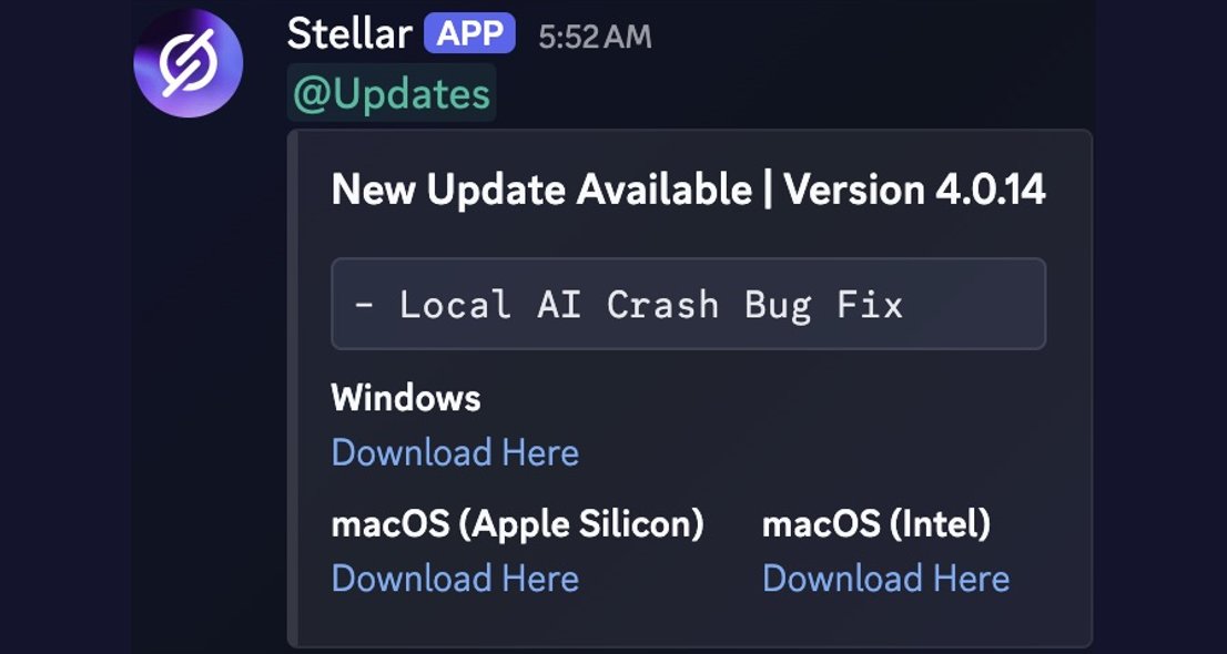 A Stellar 4.0 release post with Windows and Mac download options. Version numbers are examples; download from the latest applicable release post.