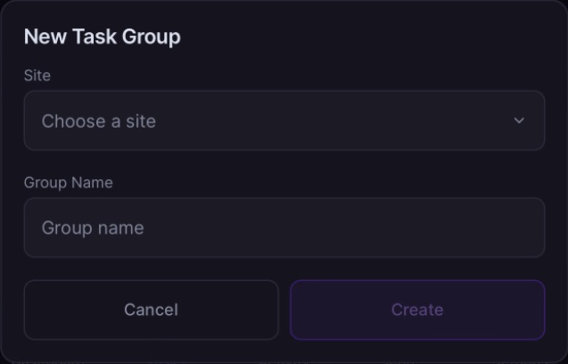 New Task Group form with Site, Group Name, Cancel and Create.