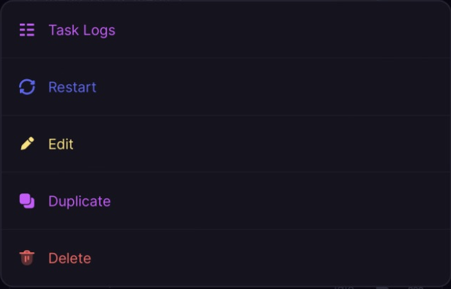 Individual task menu with Task Logs, Restart, Edit, Duplicate and Delete.