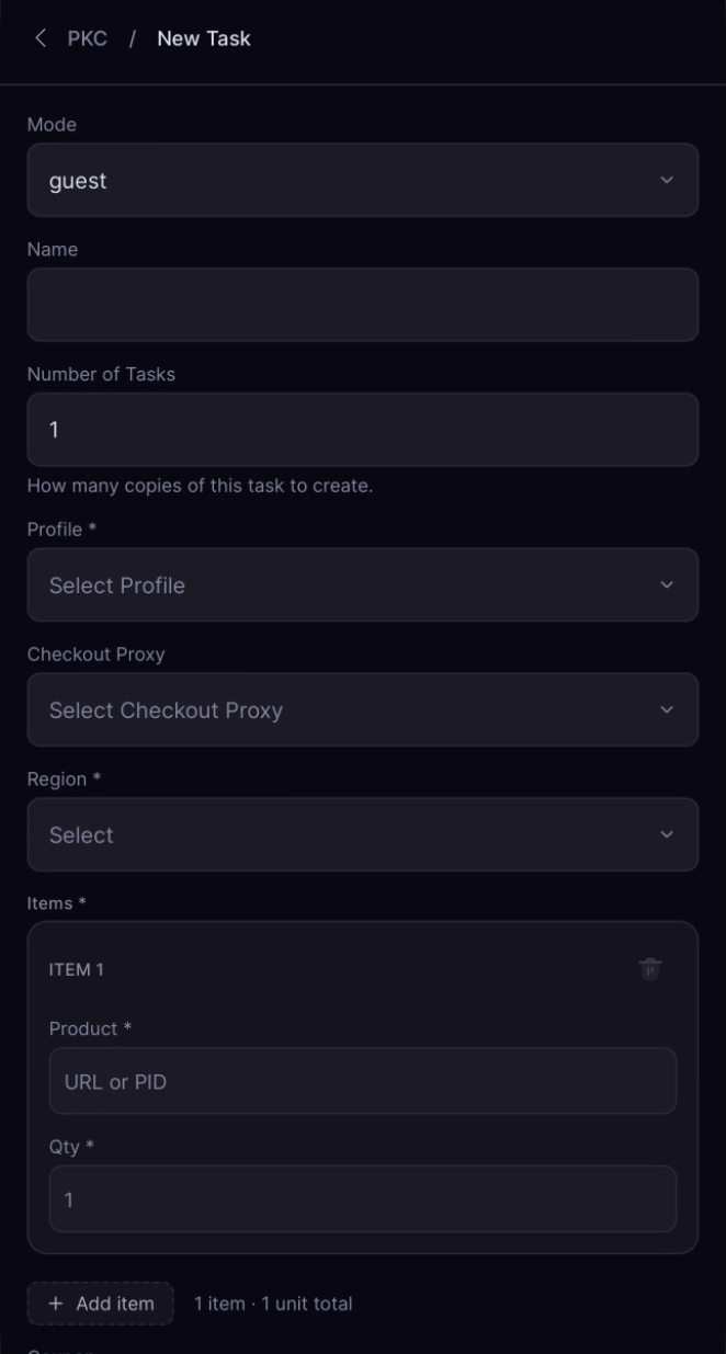 Mobile New Task form for Pokémon Center Guest mode, showing Number of Tasks, Profile, Checkout Proxy, Region, Product and Qty.
