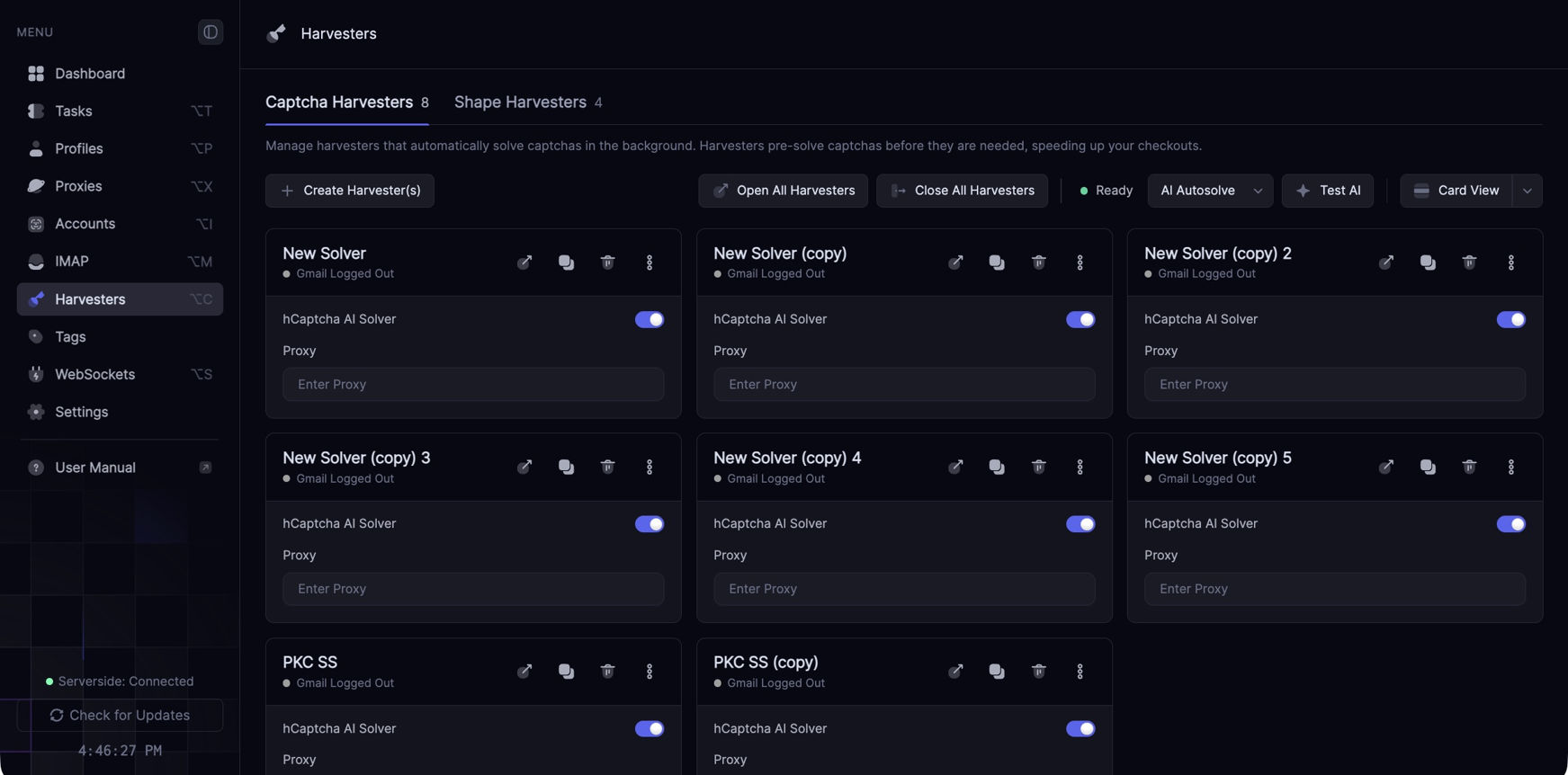 Stellar AIO 4.0 Harvesters page with Captcha Harvesters and Shape Harvesters tabs
